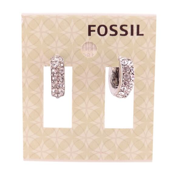 Fossil Clear Crystal Pave Silvertone Small Huggie Hoop Earrings NEW - Picture 1 of 3